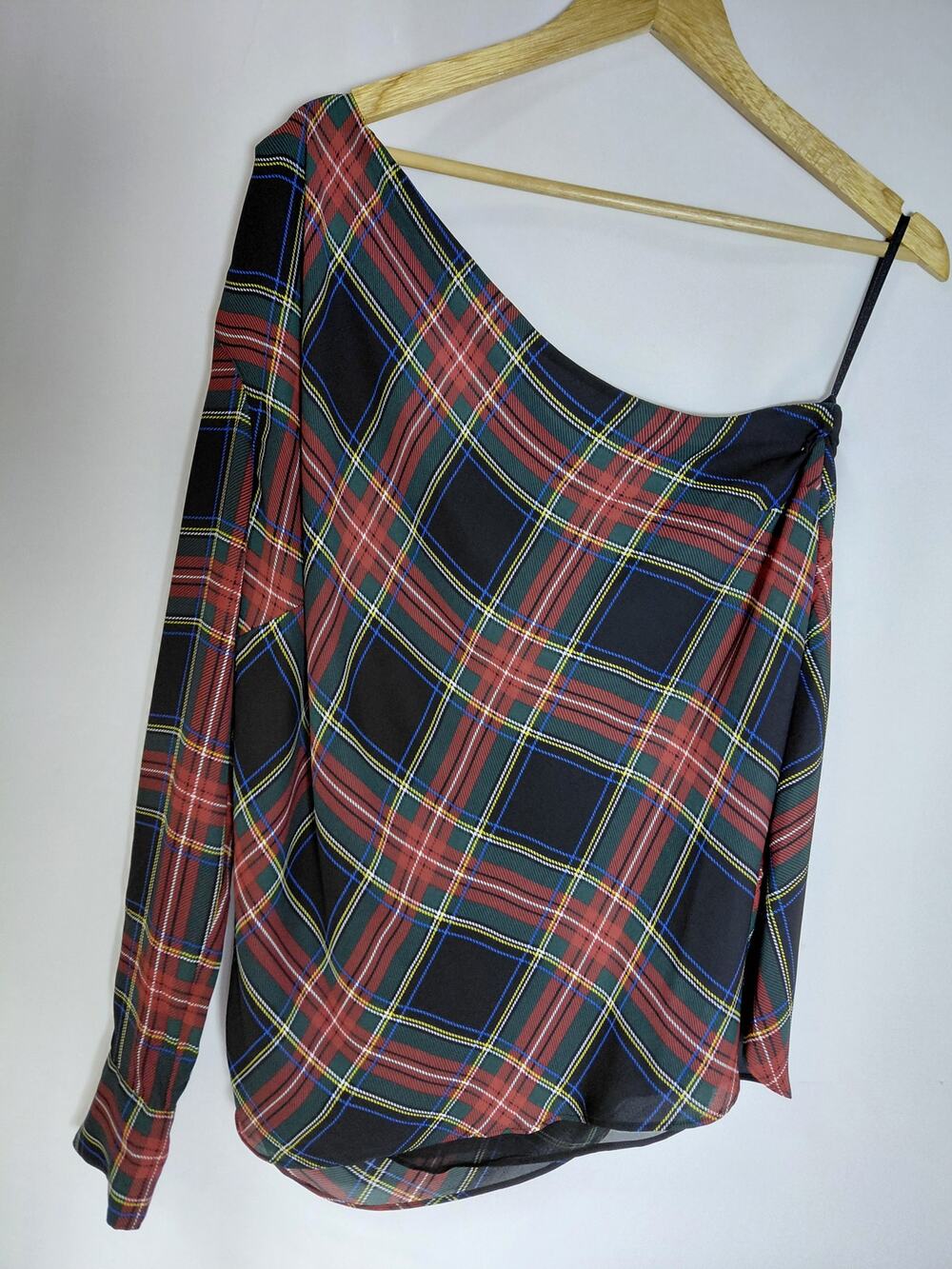 LAUREN RALPH LAUREN Plaid One Shoulder Top Long Sleeve Women Size 18